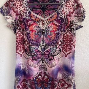 y2k butterfly rhinestone v neck tshirt
